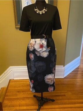 Ted Baker London Black Pencil Skirt with White and Pink Floral Print